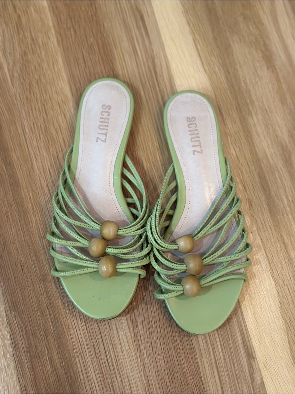 Schutz Green Strappy Slide Sandals Wooden Bead Detail Size 8